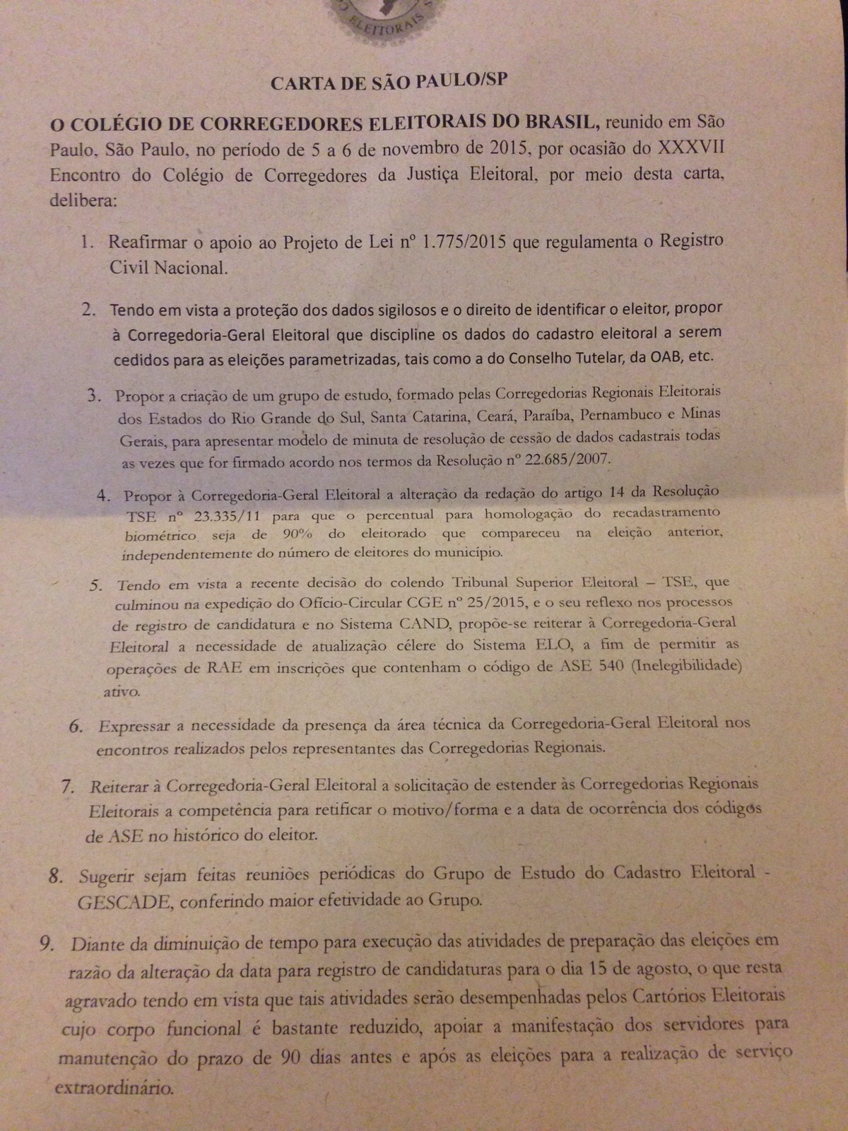 Carta de São Paulo 6.11 — Justiça Eleitoral