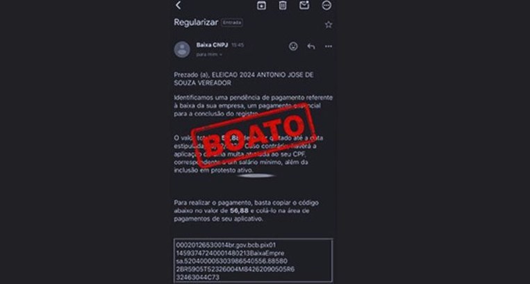 É falsa mensagem de cobrança para dar baixa no CNPJ de campanha É falsa mensagem de cobrança para dar baixa no CNPJ de campanha