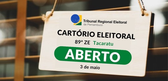 TRE-PE - Cartório Eleitoral de Tacaratu mantém funcionamento durante o feriado municipal em 3 de maio Cartório Eleitoral de Tacaratu mantém funcionamento durante o feriado municipal em 3 de maio