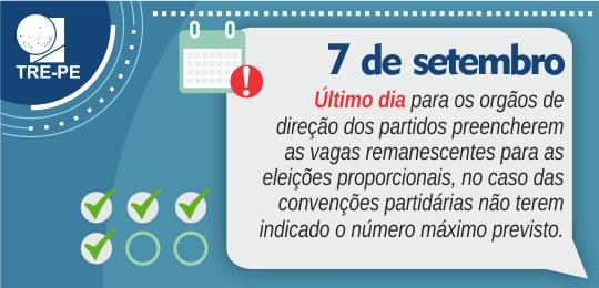 TRE-PE - Prazo para preenchimento das vagas remanescentes vai até a sexta-feira (7) Imagem com texto explicativo sobre o prazo limite para os órgãos de direção dos partidos preench...